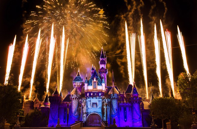 'Disneyland Forever' a new fireworks spectacular at the Disneyland Resort, illuminates the sky above Sleeping Beauty Castle. 'Disneyland Forever' transports guests into the worlds of beloved Disney and Disney-Pixar films through traditional pyrotechnics, innovative projection mapping technology and surprising special effects. (Photo Credit: Paul Hiffmeyer/Disneyland Resort)