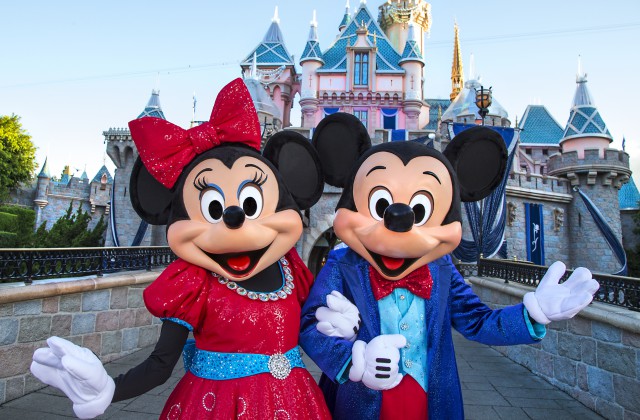 Appearing at Sleeping Beauty Castle, Mickey Mouse and Minnie Mouse look dazzling in their sparkling new costumes, created especially for the Diamond Celebration at the Disneyland Resort. Mickey and his friends debuted their new costumes when the Diamond Celebration began on May 22, 2015 (Photo Credit: Paul Hiffmeyer/Disneyland Resort)